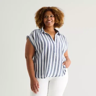 St. John's Bay Womens Plus Short Sleeve Blouse In Blue