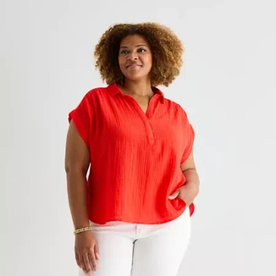 St. John's Bay Womens Plus Short Sleeve Blouse In Red