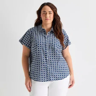 St. John's Bay Womens Plus Short Sleeve Regular Fit Button-down Shirt In Blue