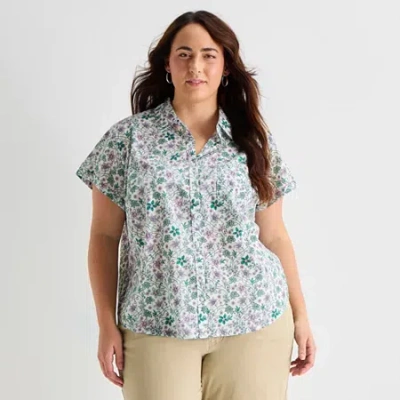 St. John's Bay Womens Plus Short Sleeve Regular Fit Button-down Shirt In Multi