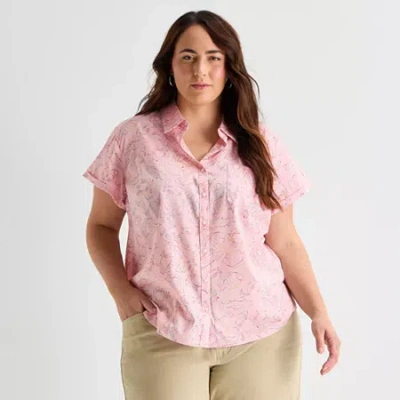St. John's Bay Womens Plus Short Sleeve Regular Fit Button-down Shirt In Pink