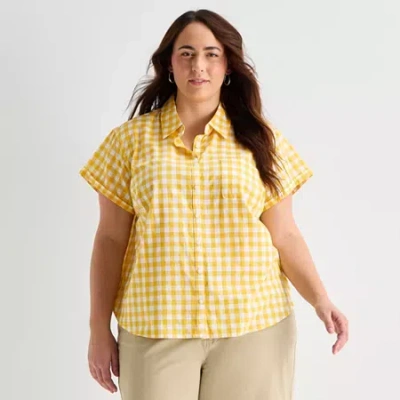 St. John's Bay Womens Plus Short Sleeve Regular Fit Button-down Shirt In Yellow