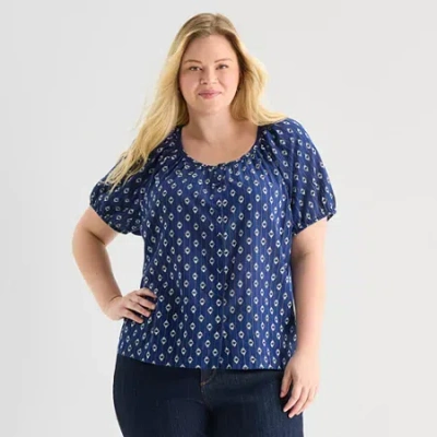St. John's Bay Womens Plus Short Sleeve Regular Fit Button-down Shirt In Blue