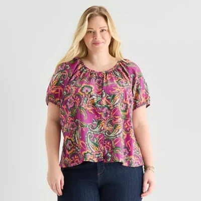 St. John's Bay Womens Plus Short Sleeve Regular Fit Button-down Shirt In Pink