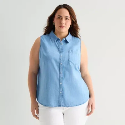 St. John's Bay Womens Plus Sleeveless Classic Fit Button-down Shirt In Blue