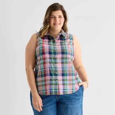 St. John's Bay Womens Plus Sleeveless Classic Fit Button-down Shirt In Multi