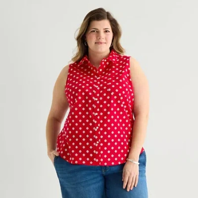 St. John's Bay Womens Plus Sleeveless Classic Fit Button-down Shirt In Red