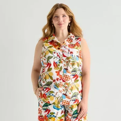 St. John's Bay Womens Plus Sleeveless Classic Fit Button-down Shirt In Multi