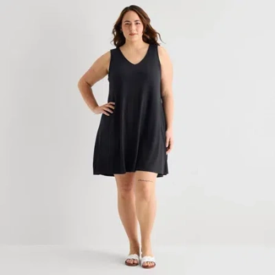 St. John's Bay Womens Plus Sleeveless Floral A-line Dress In Black