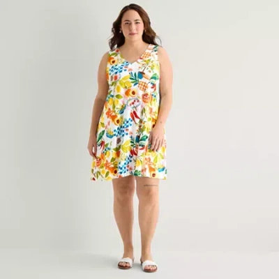 St. John's Bay Womens Plus Sleeveless Floral A-line Dress In White