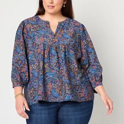 St. John's Bay Womens Plus Split Crew Neck 3/4 Sleeve Blouse In Blue