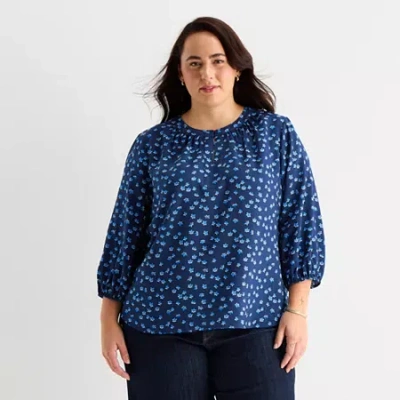 St. John's Bay Womens Plus Split Crew Neck 3/4 Sleeve Blouse In Blue