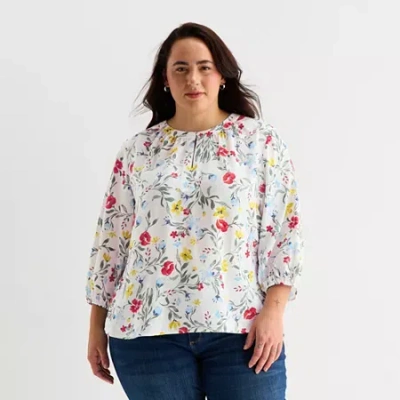 St. John's Bay Womens Plus Split Crew Neck 3/4 Sleeve Blouse In Multi