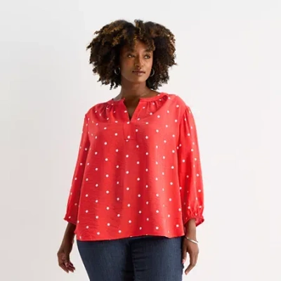 St. John's Bay Womens Plus Split Crew Neck 3/4 Sleeve Blouse In Red