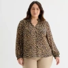 St. John's Bay Womens Plus Split Crew Neck Long Sleeve Blouse In Brown