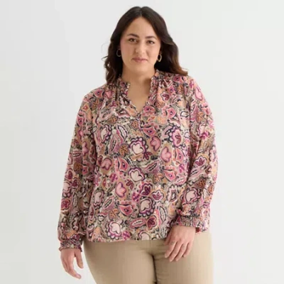 St. John's Bay Womens Plus Split Crew Neck Long Sleeve Blouse In Multi