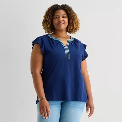 St. John's Bay Womens Plus Split Crew Neck Short Sleeve Blouse In Blue