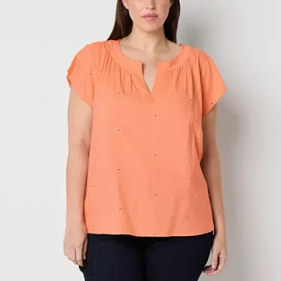 St. John's Bay Womens Plus Split Crew Neck Short Sleeve Blouse In Orange