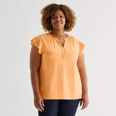 St. John's Bay Womens Plus Split Crew Neck Short Sleeve Blouse In Orange