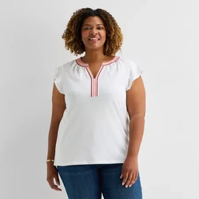 St. John's Bay Womens Plus Split Crew Neck Short Sleeve Blouse In White