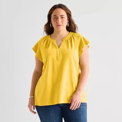 St. John's Bay Womens Plus Split Crew Neck Short Sleeve Blouse In Yellow