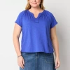 St. John's Bay Womens Plus Split Crew Neck Short Sleeve T-shirt In Blue