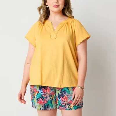 St. John's Bay Womens Plus Split Crew Neck Short Sleeve T-shirt In Yellow