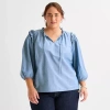 St. John's Bay Womens Plus Split Tie Neck 3/4 Sleeve Blouse In Blue