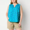 St. John's Bay Womens Plus Split Tie Neck Sleeveless Blouse In Blue