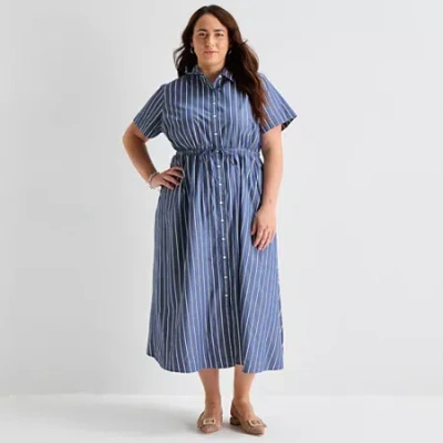 St. John's Bay Womens-plus Striped Midi Sweatshirt Dress In Blue