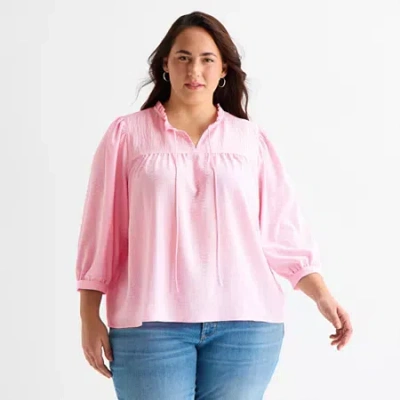 St. John's Bay Womens Plus V Neck 3/4 Sleeve Blouse In Black