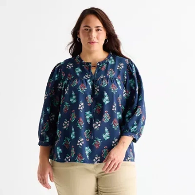 St. John's Bay Womens Plus V Neck 3/4 Sleeve Blouse In Blue