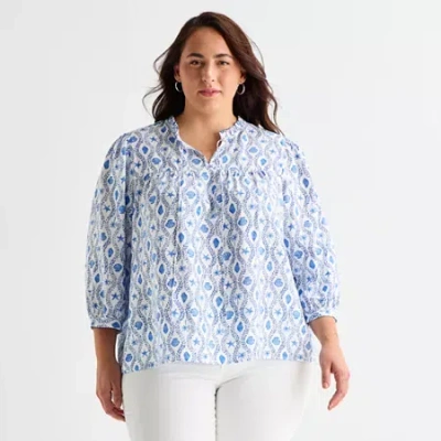 St. John's Bay Womens Plus V Neck 3/4 Sleeve Blouse In Blue