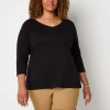 St. John's Bay Womens Plus V Neck 3/4 Sleeve T-shirt In Black