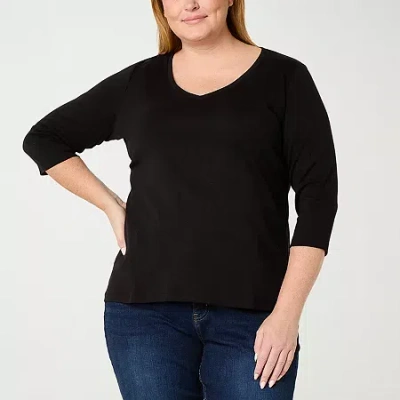 St. John's Bay Womens Plus V Neck 3/4 Sleeve T-shirt In Black