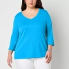 St. John's Bay Womens Plus V Neck 3/4 Sleeve T-shirt In Blue