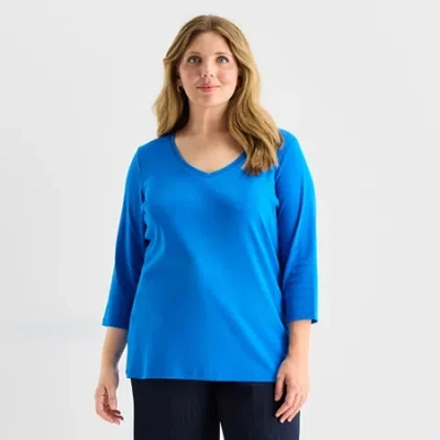 St. John's Bay Womens Plus V Neck 3/4 Sleeve T-shirt In Blue