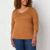 St. John's Bay Womens Plus V Neck 3/4 Sleeve T-shirt In Brown