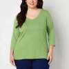 St. John's Bay Womens Plus V Neck 3/4 Sleeve T-shirt In Green