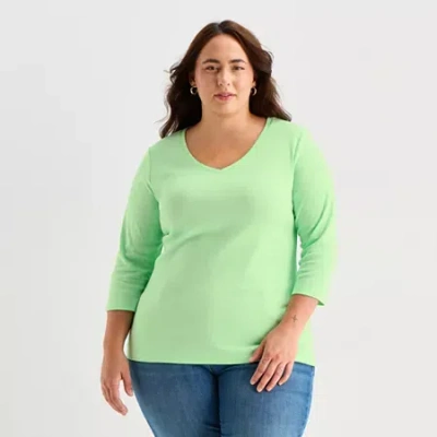 St. John's Bay Womens Plus V Neck 3/4 Sleeve T-shirt In Green
