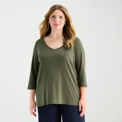 St. John's Bay Womens Plus V Neck 3/4 Sleeve T-shirt In Green