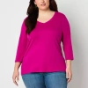 St. John's Bay Womens Plus V Neck 3/4 Sleeve T-shirt In Pink