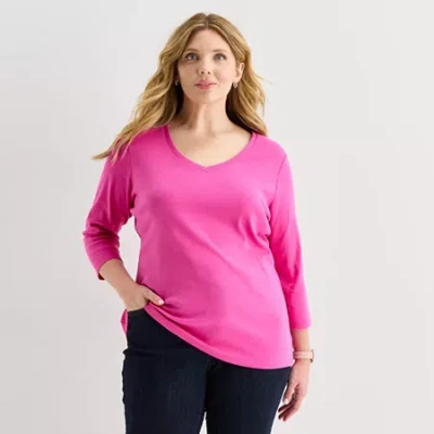St. John's Bay Womens Plus V Neck 3/4 Sleeve T-shirt In Pink