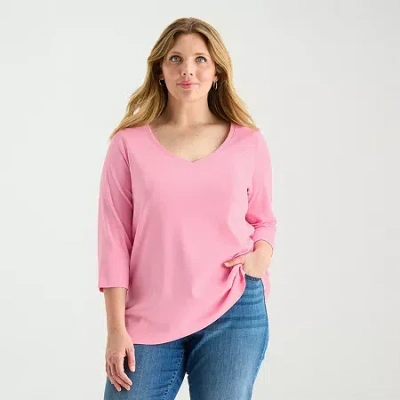 St. John's Bay Womens Plus V Neck 3/4 Sleeve T-shirt In Pink