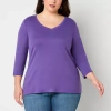 St. John's Bay Womens Plus V Neck 3/4 Sleeve T-shirt In Purple