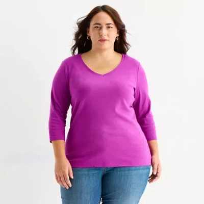St. John's Bay Womens Plus V Neck 3/4 Sleeve T-shirt In Purple