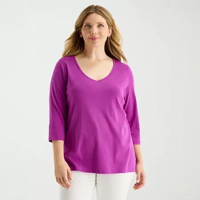St. John's Bay Womens Plus V Neck 3/4 Sleeve T-shirt In Purple