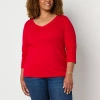 St. John's Bay Womens Plus V Neck 3/4 Sleeve T-shirt In Red