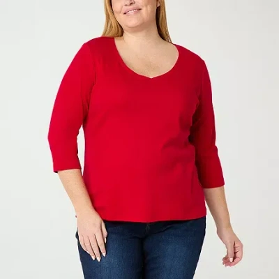 St. John's Bay Womens Plus V Neck 3/4 Sleeve T-shirt In Red