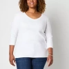 St. John's Bay Womens Plus V Neck 3/4 Sleeve T-shirt In White